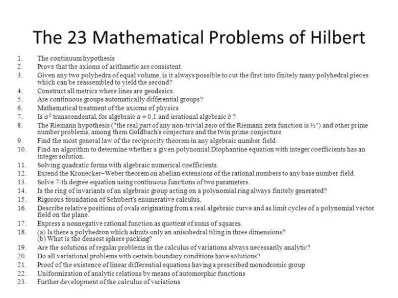 Hilbert'in yayınladığı 23 problemlik liste.